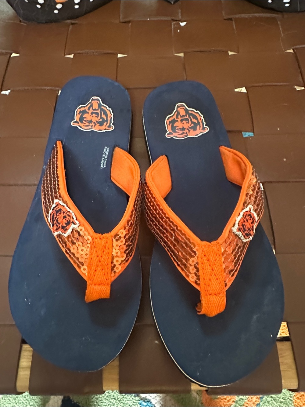 Navy and Orange Sequin Strap Flip Flop Sandals